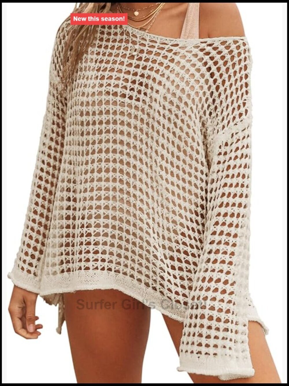 Women Long Sleeve Crochet Coverup Mesh Knit Swimsuit Cover Up Beach Tunic